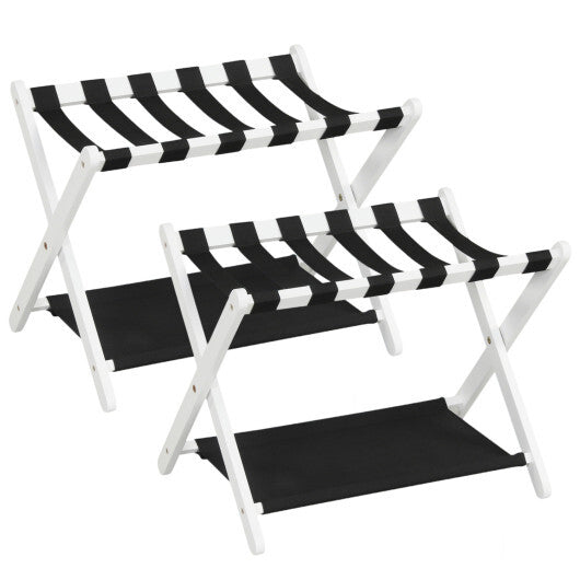 Solid Rubberwood Folding Luggage Rack with Nylon Shelves Set of 2-Brown W2B