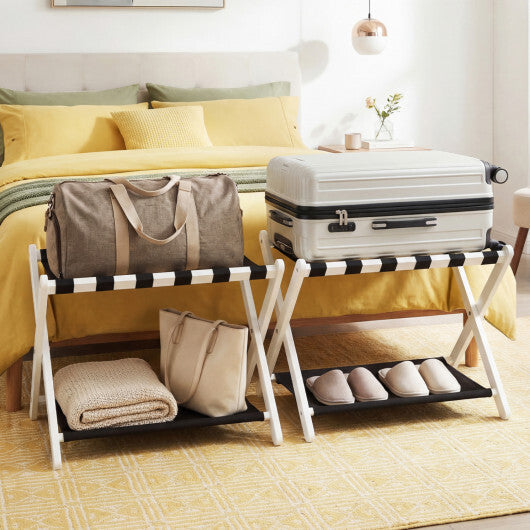Solid Rubberwood Folding Luggage Rack with Nylon Shelves Set of 2-Brown W2B