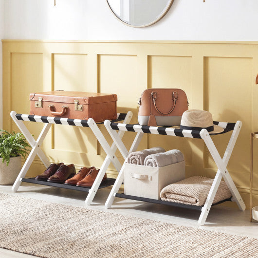 Solid Rubberwood Folding Luggage Rack with Nylon Shelves Set of 2-Brown W2B