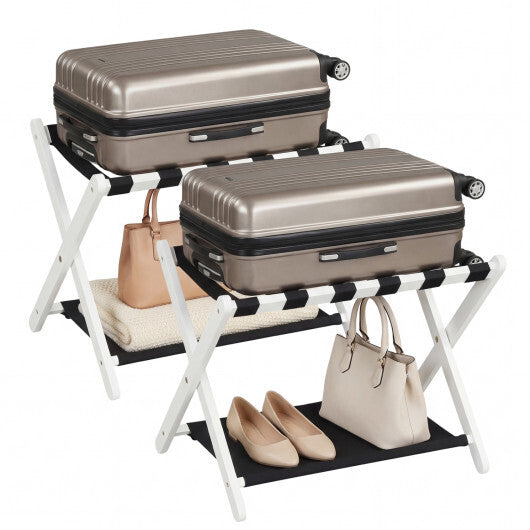 Solid Rubberwood Folding Luggage Rack with Nylon Shelves Set of 2-Brown W2B
