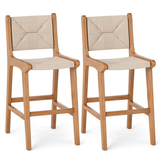 Set of 2 Outdoor Counter Height Bar Stool Woven Paper Rope Patio Barstool with Teak Wood Frame W2B