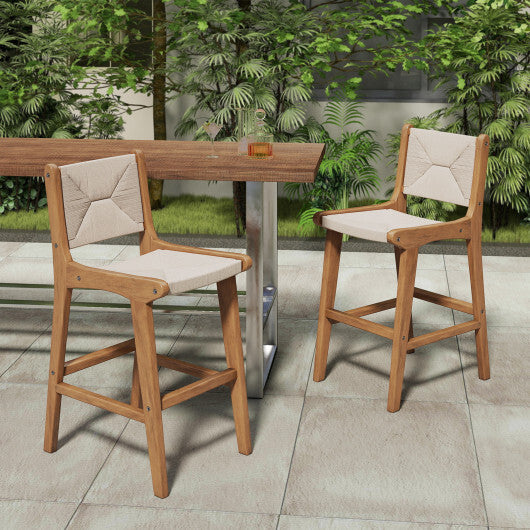 Set of 2 Outdoor Counter Height Bar Stool Woven Paper Rope Patio Barstool with Teak Wood Frame W2B