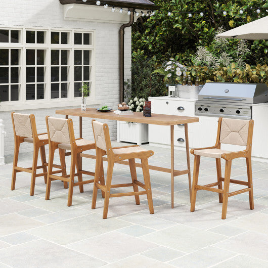 Set of 2 Outdoor Counter Height Bar Stool Woven Paper Rope Patio Barstool with Teak Wood Frame W2B