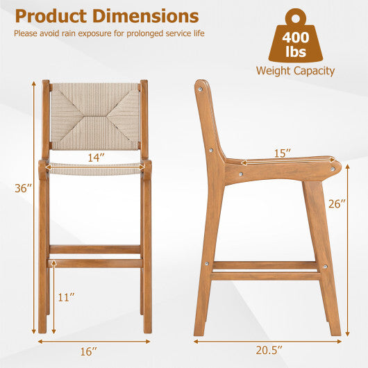 Set of 2 Outdoor Counter Height Bar Stool Woven Paper Rope Patio Barstool with Teak Wood Frame W2B
