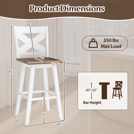 29" Rubberwood Swivel Barstools Set of 4 with Backrest and Large Seat-White
