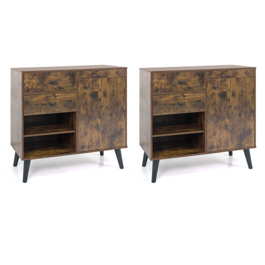 Set of 2 31" Buffet Cabinet with 2 Drawers and Open Compartments for Kitchen-Rustic Brown W2B