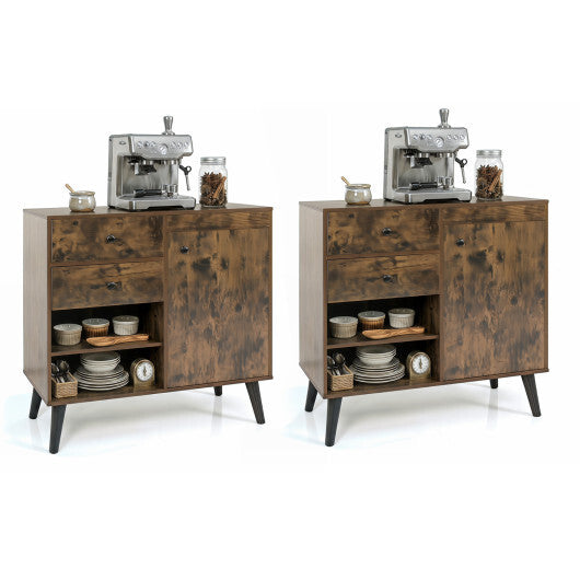 Set of 2 31" Buffet Cabinet with 2 Drawers and Open Compartments for Kitchen-Rustic Brown W2B