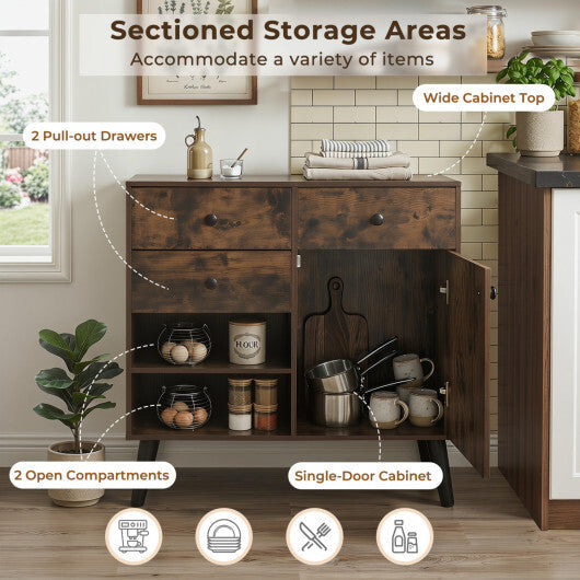 Set of 2 31" Buffet Cabinet with 2 Drawers and Open Compartments for Kitchen-Rustic Brown W2B