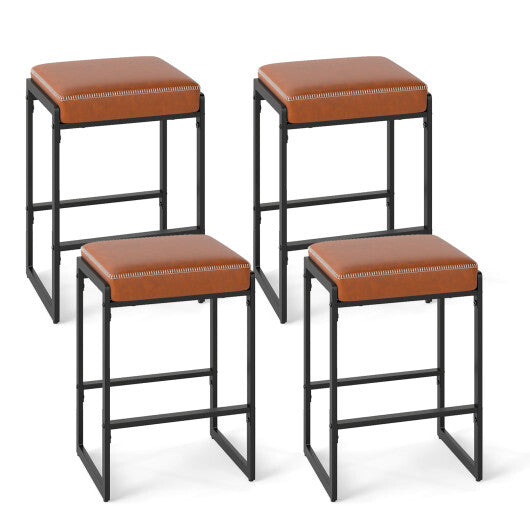 26 inch Bar Stools Set of 4 Counter Height Barstools with Faux Leather Upholstered Seat-Brown W2B