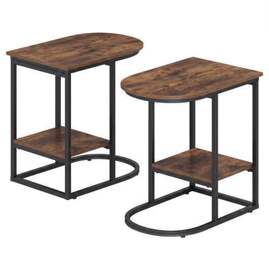 C-shaped Modern Sofa Side Table with Storage Shelf Faux and Marble Tabletop -Rustic Brown W2B
