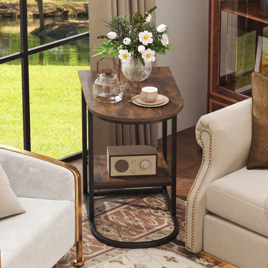 C-shaped Modern Sofa Side Table with Storage Shelf Faux and Marble Tabletop -Rustic Brown W2B