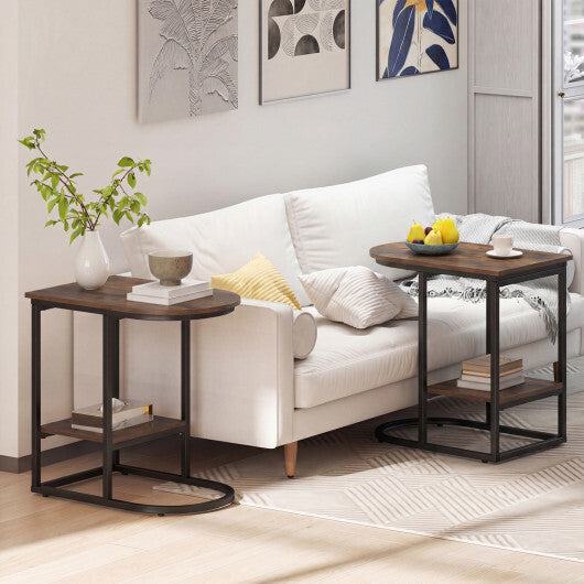 C-shaped Modern Sofa Side Table with Storage Shelf Faux and Marble Tabletop -Rustic Brown W2B