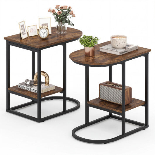 C-shaped Modern Sofa Side Table with Storage Shelf Faux and Marble Tabletop -Rustic Brown W2B