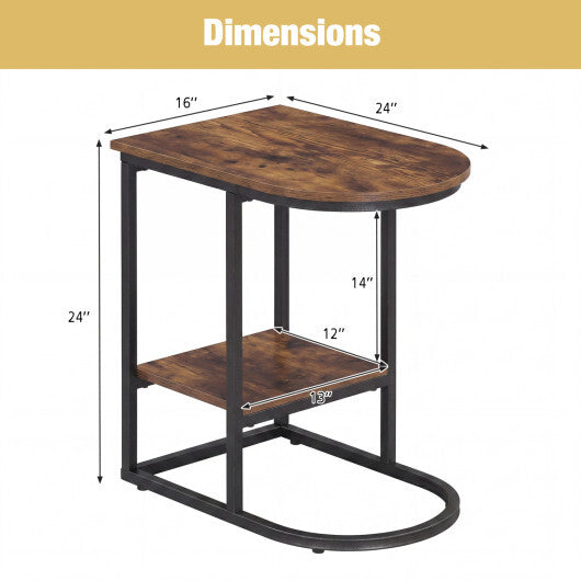 C-shaped Modern Sofa Side Table with Storage Shelf Faux and Marble Tabletop -Rustic Brown W2B