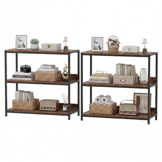 2-Pack 3-Tier Industrial Bookshelf with Metal Frame-Rustic Brown W2B