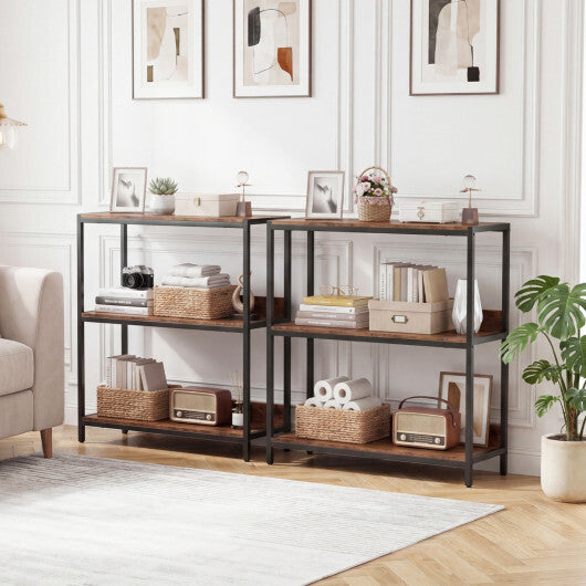 2-Pack 3-Tier Industrial Bookshelf with Metal Frame-Rustic Brown W2B
