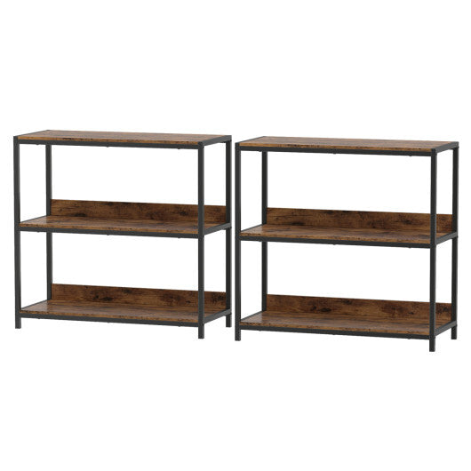 2-Pack 3-Tier Industrial Bookshelf with Metal Frame-Rustic Brown W2B