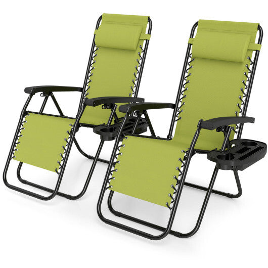 Set of 2 Portable Zero Gravity Chairs with Cup Holder Trays and Backrest -Green W2B