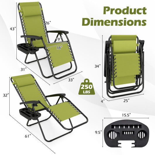 Set of 2 Portable Zero Gravity Chairs with Cup Holder Trays and Backrest -Green W2B
