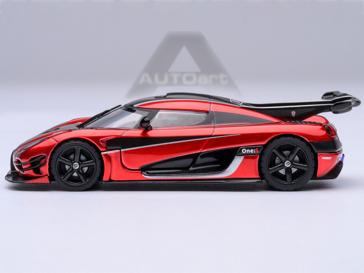 Koenigsegg One:1 Apple Red Metallic with Carbon and Silver Stripes 1/64 Model Car by Autoart Autoart