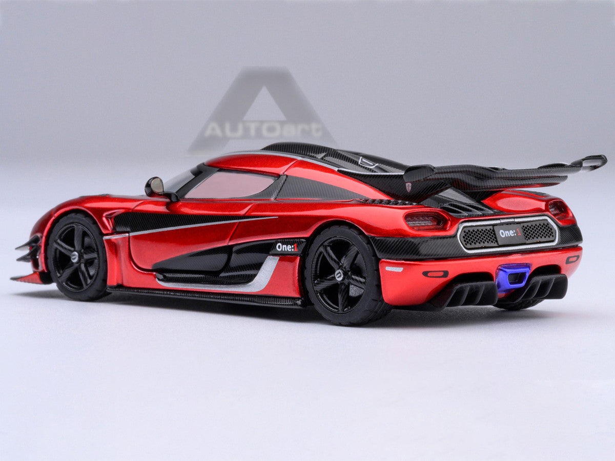 Koenigsegg One:1 Apple Red Metallic with Carbon and Silver Stripes 1/64 Model Car by Autoart Autoart