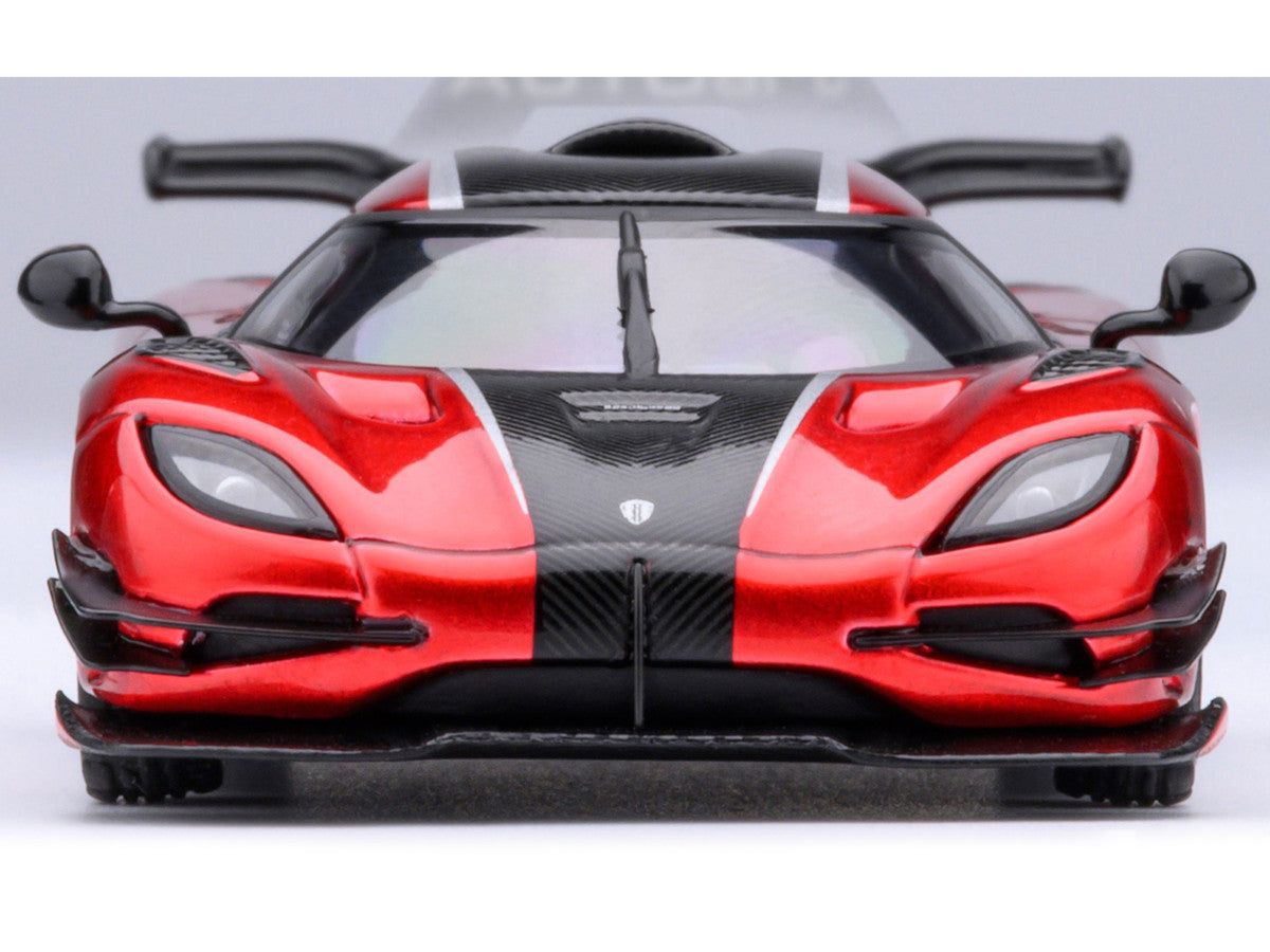 Koenigsegg One:1 Apple Red Metallic with Carbon and Silver Stripes 1/64 Model Car by Autoart Autoart