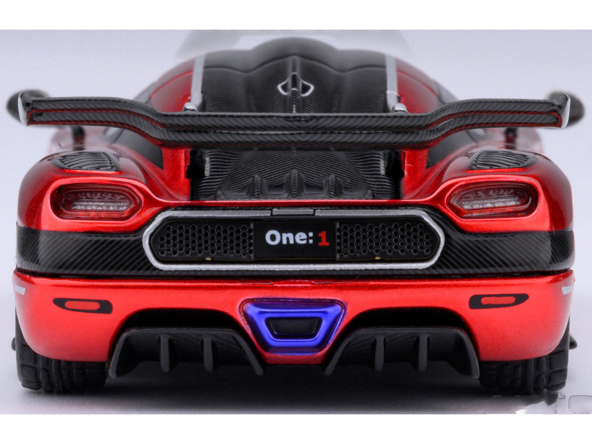 Koenigsegg One:1 Apple Red Metallic with Carbon and Silver Stripes 1/64 Model Car by Autoart Autoart