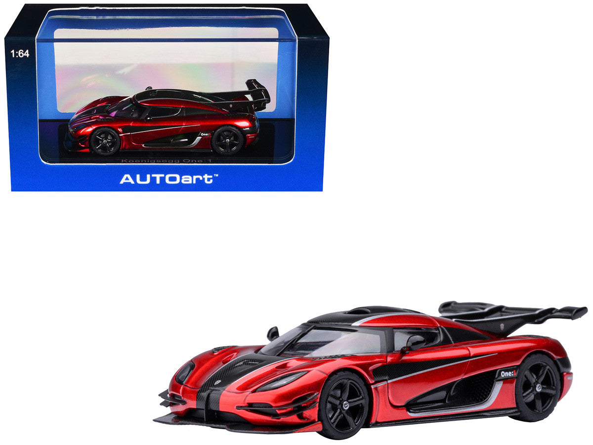 Koenigsegg One:1 Apple Red Metallic with Carbon and Silver Stripes 1/64 Model Car by Autoart Autoart