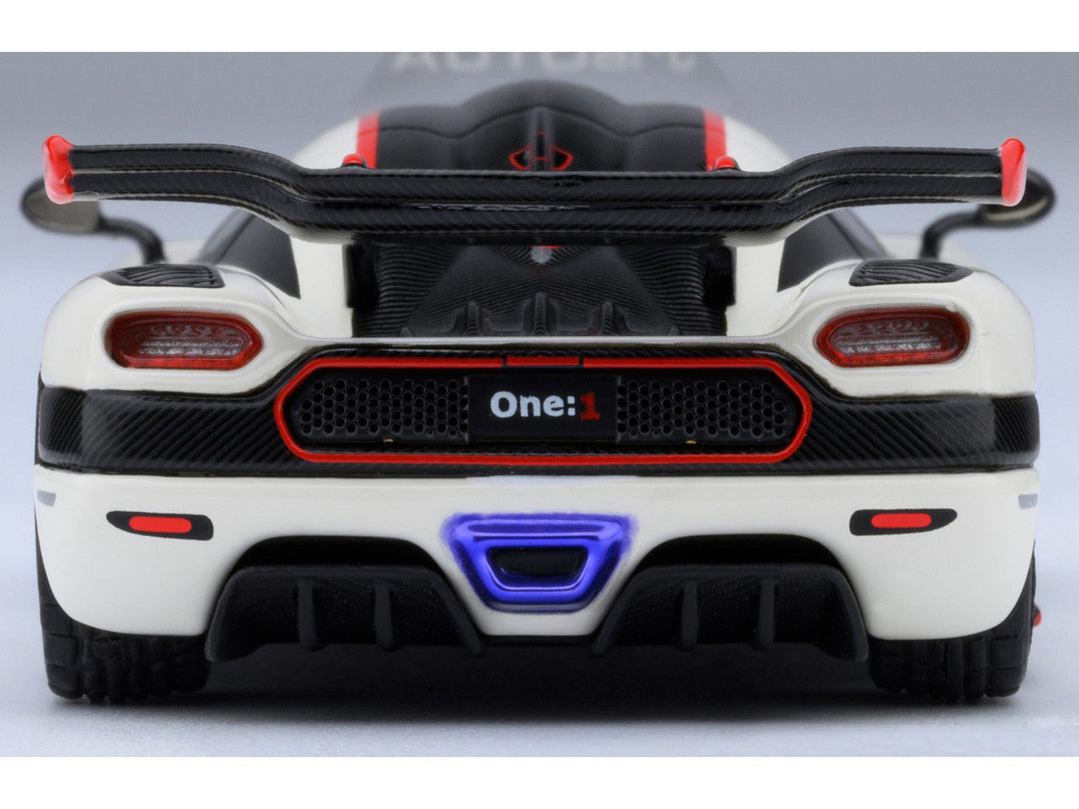 Koenigsegg One:1 Pebble White with Carbon and Red Stripes 1/64 Model Car by Autoart Autoart