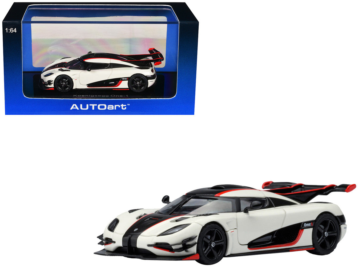 Koenigsegg One:1 Pebble White with Carbon and Red Stripes 1/64 Model Car by Autoart Autoart