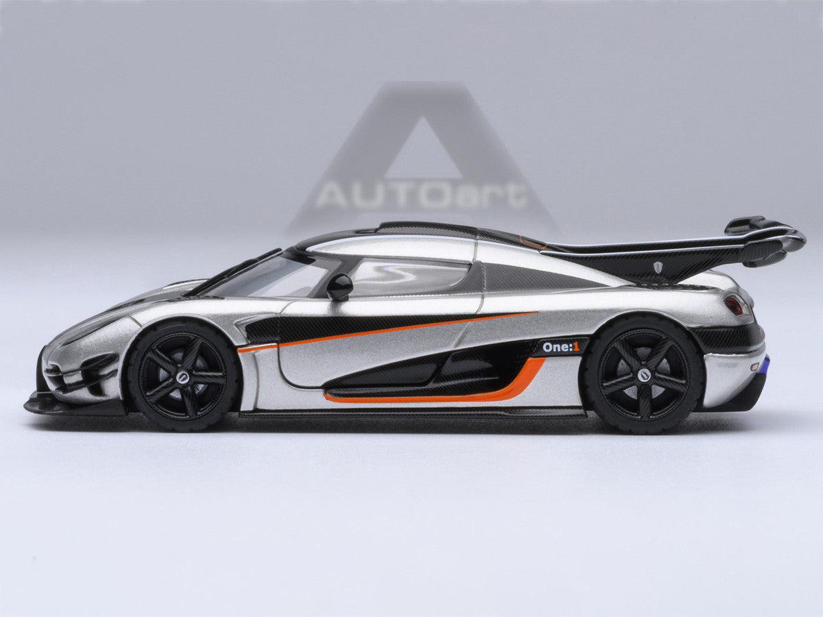 Koenigsegg One:1 Moon Gray Metallic with Carbon and Orange Stripes 1/64 Model Car by Autoart Autoart