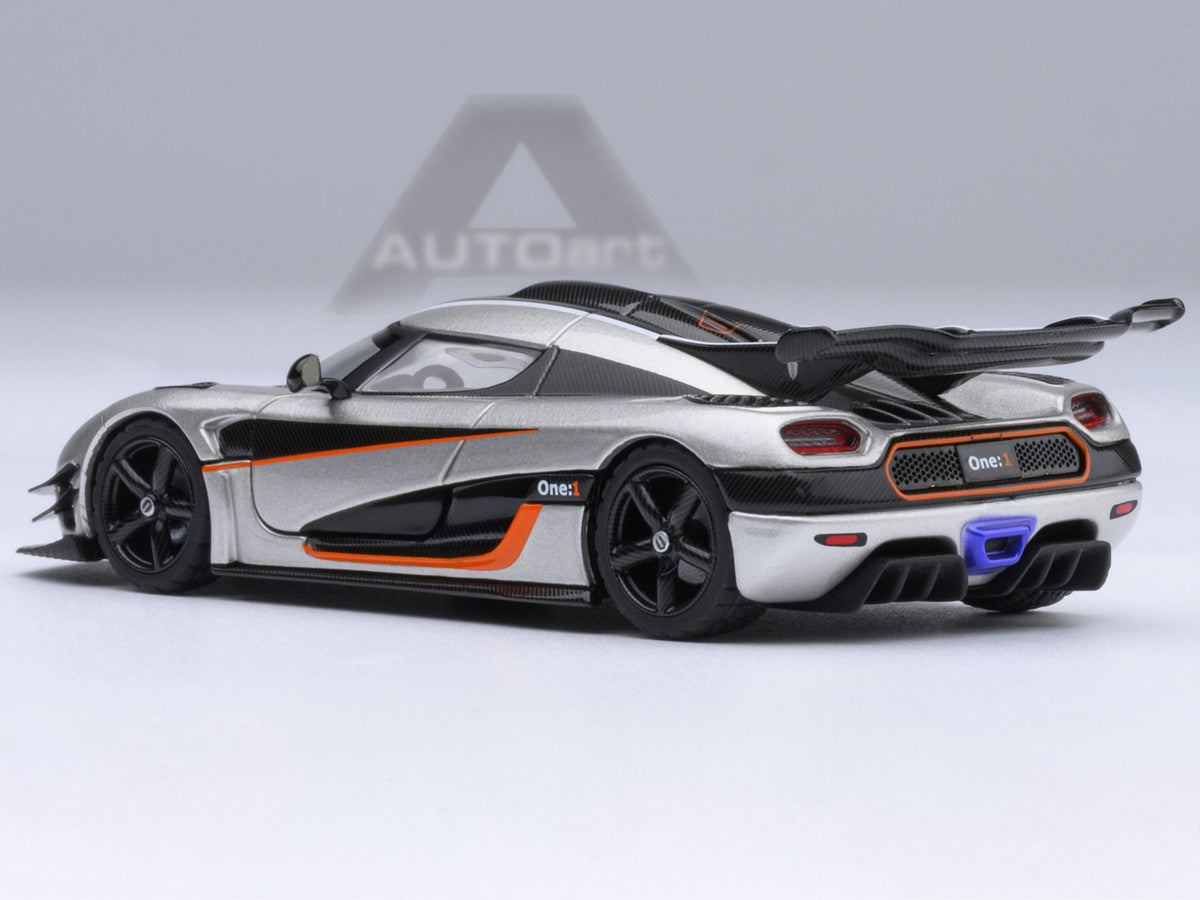 Koenigsegg One:1 Moon Gray Metallic with Carbon and Orange Stripes 1/64 Model Car by Autoart Autoart