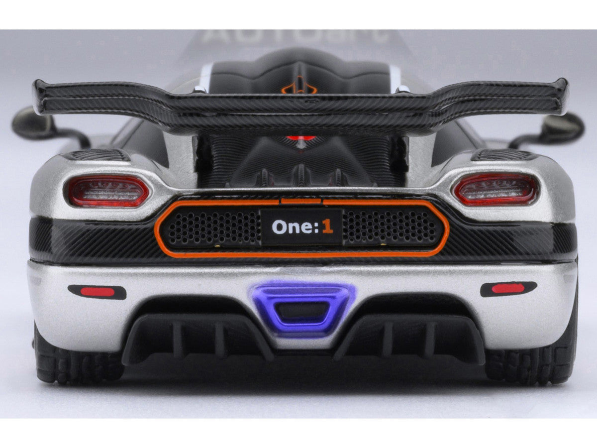 Koenigsegg One:1 Moon Gray Metallic with Carbon and Orange Stripes 1/64 Model Car by Autoart Autoart