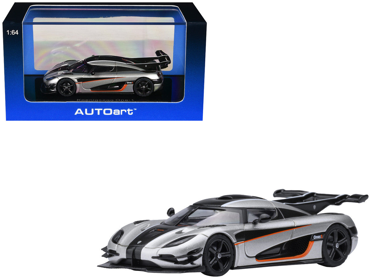 Koenigsegg One:1 Moon Gray Metallic with Carbon and Orange Stripes 1/64 Model Car by Autoart Autoart