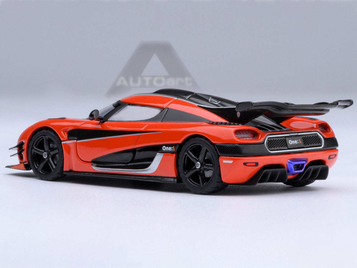 Koenigsegg One:1 Lava Orange with Carbon and Silver Stripes 1/64 Model Car by Autoart Autoart