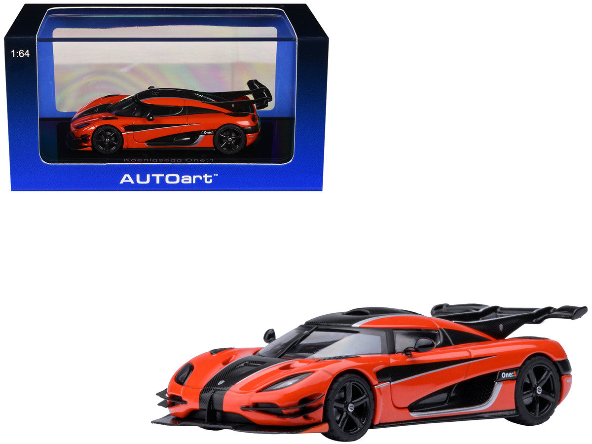 Koenigsegg One:1 Lava Orange with Carbon and Silver Stripes 1/64 Model Car by Autoart Autoart