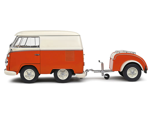 1950 Volkswagen Kool Kombi Van with Trailer Orange and White 1/18 Diecast Model Car by Solido
