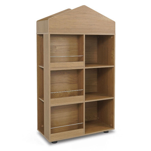 Kids Bookshelf and Toy Storage Organizer 4-Tier House-Shaped Toddler Bookcase-Natural W2B