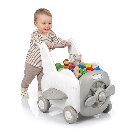 3-in-1 Baby Airplane Shape Toddler Toy Box with Wheels and Tip-up Seat W2B