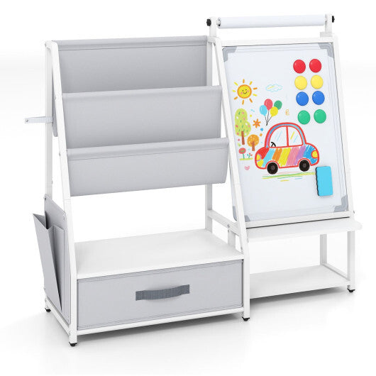 Kids Bookshelf Art Easel with Toy Organizer and Magnetic Whiteboard-Gray W2B
