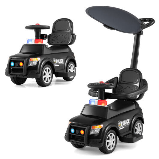 3-in-1 Toddler Push Car with Handle and Canopy Sliding Police Car with Siren-Black W2B