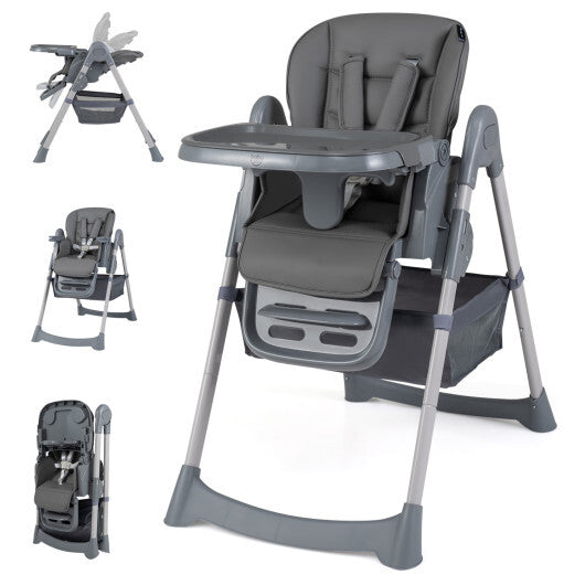 Foldable High Chair with 7-Level Height Adjustment for Babies and Toddlers-Gray W2B