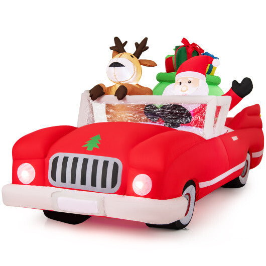 7.7 Feet Long Christmas Inflatable Santa Claus and Reindeer Riding Red Car with Gift Bag and 9 LED White Lights W2B
