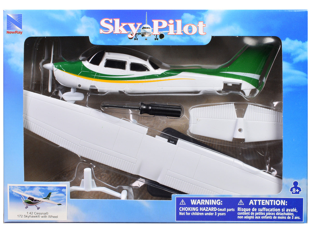Model Kit Cessna 172 Skyhawk Aircraft White with Green and Yellow Stripes "Sky Pilot" Series 1/42 Plastic Model Kit by New Ray New Ray