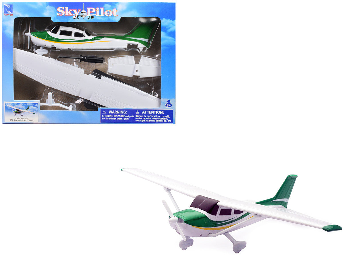 Model Kit Cessna 172 Skyhawk Aircraft White with Green and Yellow Stripes "Sky Pilot" Series 1/42 Plastic Model Kit by New Ray New Ray