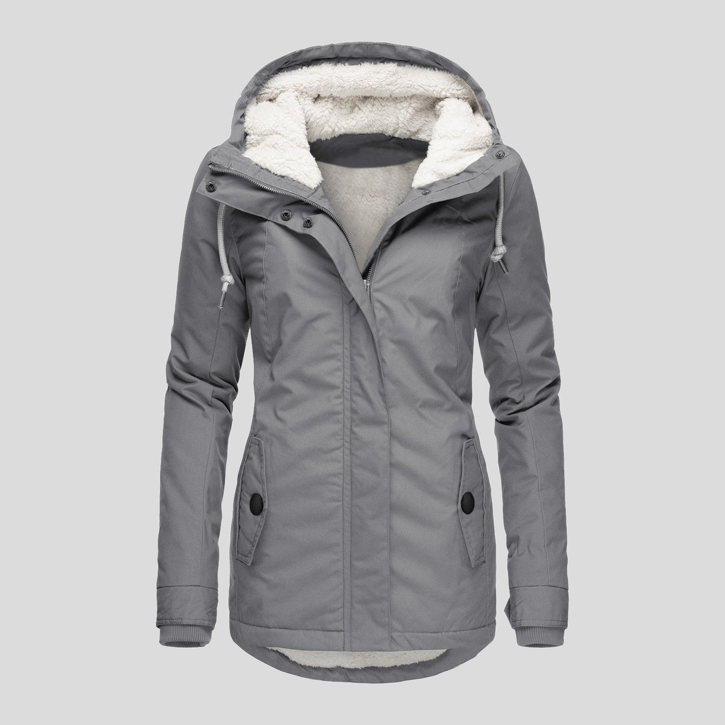 Winter Hooded Jacket Solid Color Warm Buckle Zip-up Fleece Jacket With Pockets Women's Casual Jacket Best YouTube Store