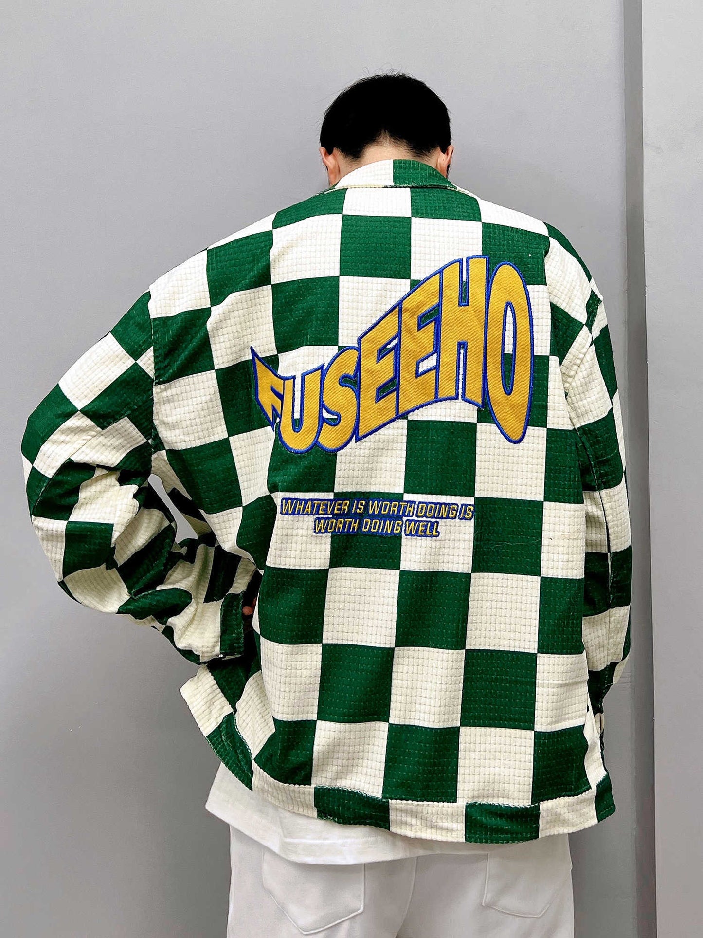 Retro Green Plaid Lapel Jacket - Loose Fit Printed Polyester Casual Coat LadyShow.Store