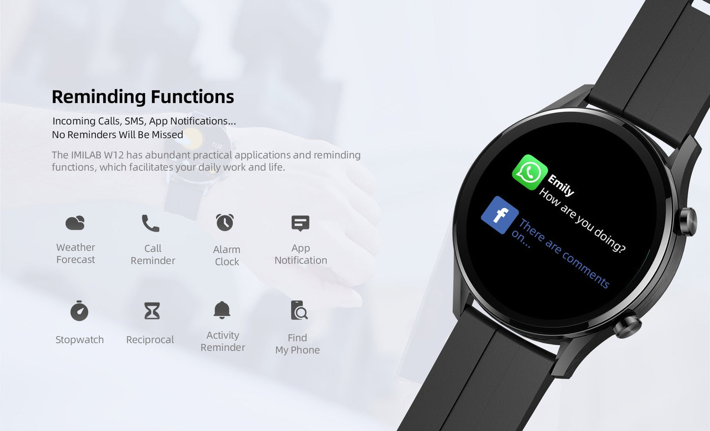 IMILAB W12 Smart Watch For Men Women Bluetooth Sports Fitness Tracker Heart Rate IP68 Waterproof -Black Best YouTube Store