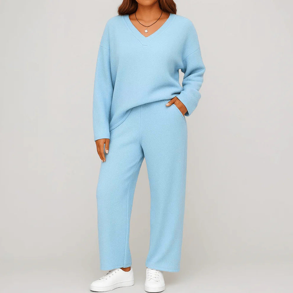 V-neck Wool Loose Pockets Leisure Suit Two-piece Pajamas LadyShow.Store