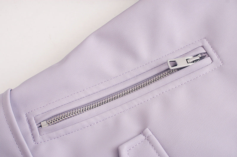 Women's Belted Motorcycle Jacket - Street Hipster Faux Leather Coat with Suit Collar (Black/Purple/Beige, XS-L) LadyShow.Store